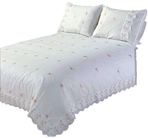 Sophie Duvet Quilt Cover Floral Lace Trim Embroidered Bed Set, Polyester-Cotton, White, Single