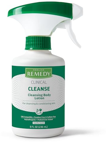 Medline Remedy Clinical Cleansing Body Lotion, 8 Oz Spray Bottle, Vanilla Scent, No-Rinse Bedside Cleanser, Incontinence Care, Moisturizing, Skin Conditioning, Nutrient Rich, Sulfate-Free, Men, Women