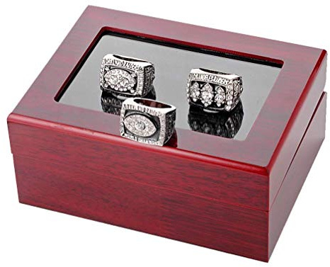 GJJ 3 Stück Europa und Amerika Herrenringe Set, Oakland Raiders Sport Fan Ringe Super Bowl Championship Ringe mit Display Holzkiste Größe 11