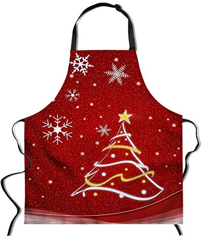 Novedad Delantal de Navidad Fondo rojo Nieve blanca Delantales de árbol de Navidad encantador Cuello ajustable Delantal de oferta Cocina unisex Buen delantal para cocinar Respaldo Fiesta de jardinería