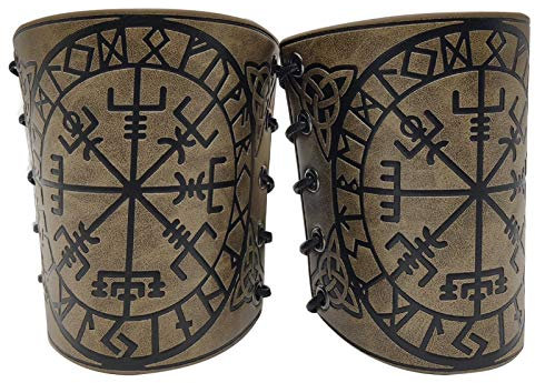 HiiFeuer Viking Vegvisir Geprägte Lederarmrüstung 3 Farben LARP Gauntlet Lederrüstung Armschiene (Khaki)