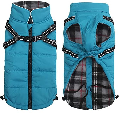 Warm Pet Dog Coats and Jackets,Waterproof Reflective Pet Dog Harness Vest Winter Puppy Clothes with Chest Strap, Outdoor Walking Adjustable Chest Strap-Blue-S