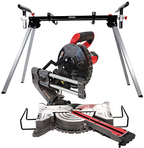 Excel 8.5 216mm Mitre Saw Large Base 1500W/240V with - Leg Stand - 50Hz with Laser - Mitre Cut 155 x 70mm - Compound Cut 155 x 35mm - Blade - Extension Bar - Dust Bag - No Load Speed 5000RPM