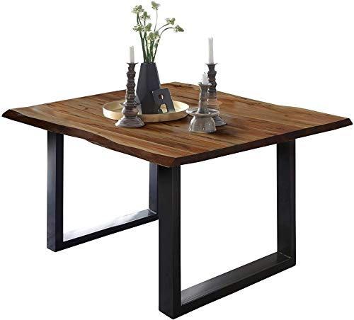 SAM Esszimmertisch 90x90 cm ULM, Baumkantentisch nussbaumfarben, Akazienholz massiv, U-Gestell aus Metall schwarz