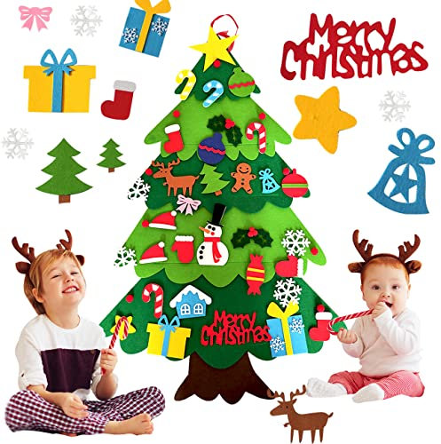 XIAOMAOMAO Filz Weihnachtsbaum, Filz Weihnachtsbaum für Kinder 110 cm, DIY Filz-Weihnachtsbaum mit 34 Stück abnehmbaren Ornamenten, Weihnachtsgeschenke, Neujahrs-Wandbehang-Dekorationen