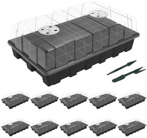 Gardzen 10-Set Garden Propagator Set, 400-Cell Seed Starter Trays with Dome and Base, 15 x 9 (40-Cell Per Tray), Black, Indoor, Rectangular