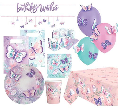 amscan 9911608-66 – Kit 57 pièces jetable & décoration, Motif Animal, Papillon, Pliage, Anniversaire d'enfant, fête à thème, Imprimé, Multicolore
