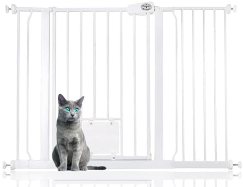 Bettacare Haustiergitter mit Abschließbarer Katzenklappe, 113.8cm - 121.4cm, Weiß, 75cm Höhe, Haustier Sicherheitsbarriere mit Katzenklappe, Einfache Montage
