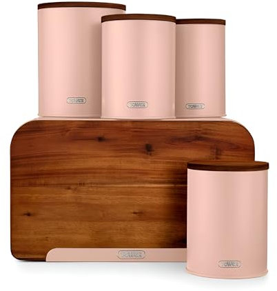 Tower T826140PCLY Scandi 5 Piece Acacia Wood Storage Set with Bread Bin, Biscuit Barrel, Canisters, Pink Clay