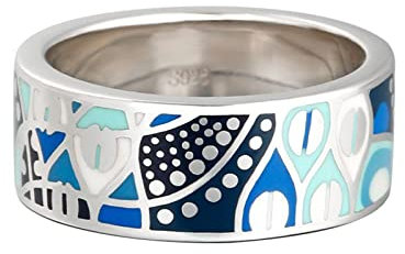 Jeulia Damen Sterling Silber Ring Mehrfarbig Emaille Blumen Geometrisch Diamant Band Ring für Frauen Mädchen Breiter Ring Party Schmuck Personalisierte Anniversary Geschenk (54(17.3), Village)