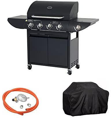 Campfire Gas BBQ – 4+1 Burner Gas Barbecue with Warming Rack, Side Burner, Temperature Gauge, Cabinet Storage Shelf & Wheels – Portable – Steel & Chrome – For Outdoor Entertaining and Living – Black