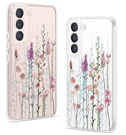 Gronda Hülle Transparent Handyhülle Vergilbungsfrei mit Rosa Blumen Handy case Stoßfest Dünne Anti-Kratzen Bumper schutzhülle Kompatibel mit Samsung Galaxy S22 5G 6.1 Zoll