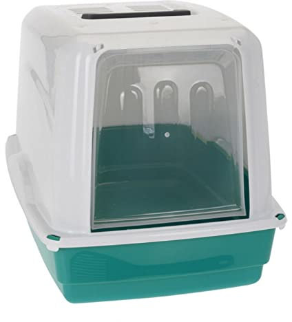 Teal Hooded Cat Litter Tray Box - Comes with Lid, Carry Handle, Door Flap, Scoop & Odour Free Filter - Helps Avoid Odour & Litter Spillage