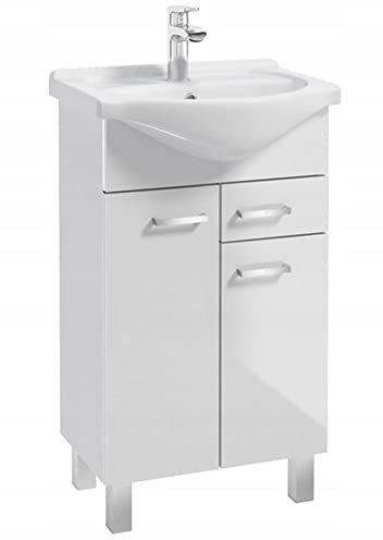 VBChome Badmöbel 55x30 cm Waschbecken mit Unterschrank Weiß Waschtisch Badezimmer Badschrank Stehend 2 Türen 1 Schublade Hochglanz Modern Elegant Funktionell Selbstmontage