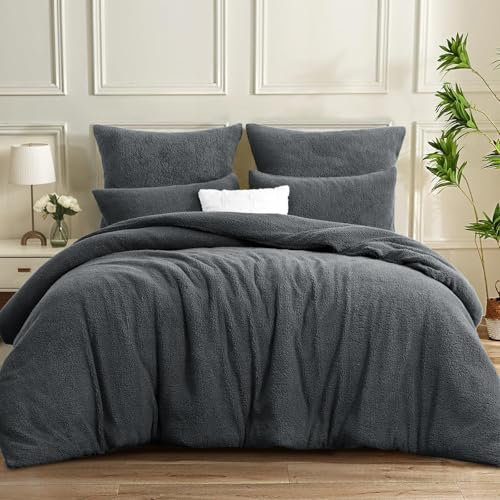 Aisbo Warme Bettwäsche 200x200 3teilig - Flauschige Teddy Fleece Winterbettwäsche 200 x 200, plüsch Bettwäsche-Sets 200x200cm Bettbezug mit Reißverschluss Duvet Cover Winter Grau