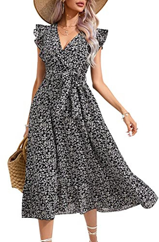 KOJOOIN Damen Sommerkleid Kurzarm Maxikleid Lange Wickelkleid Volant Kleid Rüschen Strandkleid V-Ausschnitt Elegante Blumenkleid mit Gürtel (Verpackung MEHRWEG), A-Blumen-Schwarz, M