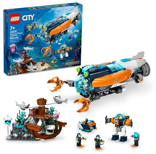 LEGO City Deep-Sea Explorer Submarine 60379 Building Toy Set, Ocean Submarine Playset with Shipwreck Setting, 6 Minifigures and 3 Shark Figures for Imaginative Play, A Gift Idea for Ages 7+