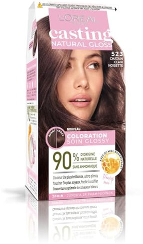 L'ORÉAL PARIS - Tinte permanente ultra brillante, sin amoniaco – 90% ingredientes naturales – Casting Natural Gloss – Nuance: marrón claro avellana (523)