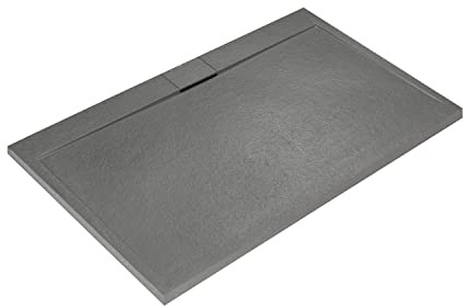 Ideal Standard - Ultra Flat S i.life, rechteckige Duschwanne 170 x 80 aus Harz, Ablaufgarnitur lange Seite, mattes Finish in Steinoptik, Betongrau