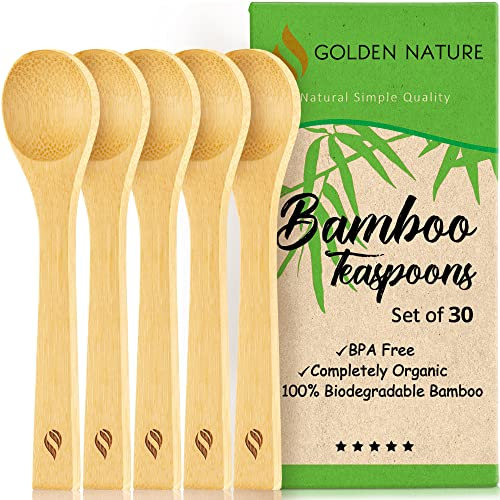 Golden Nature - Bamboo Spoon Set - 30 Pc - Small Kitchen Teaspoons - Tiny Wooden Spoons for Sugar, Spices, Seasoning, Coffee, Jam, Herbs, Honey & Dessert