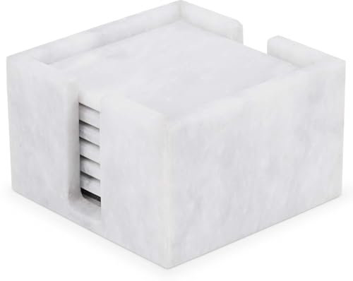 Lot de 6 Dessous de Verre carrés en marbre océanique avec Support, 8,9 cm, idéal pour Boissons, déco de Maison, Table Basse ou Cadeau de Pendaison de crémaillère (White)
