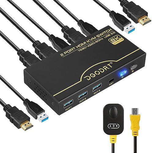 DGODRT 8K 60Hz HDMI 2.1 KVM Switch 4K 120Hz, 2 Prot KVM Switch mit USB 3.0 für 2 Computer, die Tastatur, Maus und einen HD-Monitor teilen, mit 2 USB 3.0-Kabel und 2 HDMI 8K Kabeln