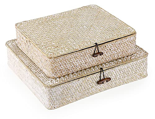 SUMNACON 2PCS Rattankorb aus Natürliche Seegras mit Deckel Handarbeiten Aufbewahrungskiste Aufbewahrungskörbe Ordnung Korb für Küche Badezimmer Schlafzimmer Gross+Klein(Rechteckig,Weiss)