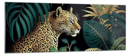 Panorama Bilder auf Glas Leopard Dschungel Tropisch Glasbild 140x50cm Wandbilder Dekoration Wohnzimmer Schlafzimmer Küche Groß XXL Wanddeko Bild im Glas Wand Kunstdruck Art Modern GAB140x50-5720