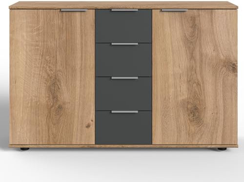Lomadox Kommode Sideboard 130cm, 2 Türen & 4 Schubladen, Graphit und Eiche