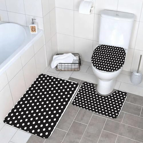 SOYDAN Dreiteiliges,Badezimmer Badematte Anti-Rutsch Badematte Set Waschbar Geruchlos Badematte Set, Punkte, klassisches Muster aus weißen Tupfen auf schwarzem Traditiona