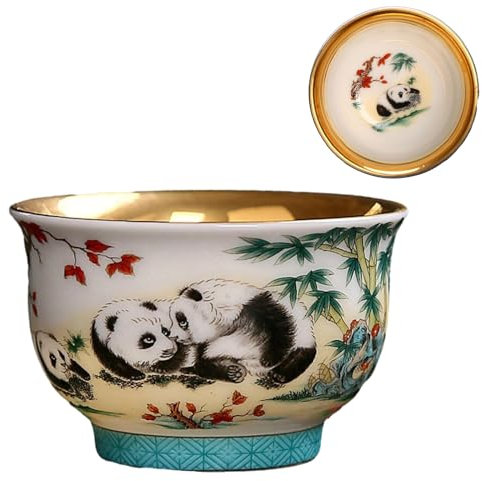 AteeCo Ceramic Gilded Panda Owner Tea Cup Kung Fu Tea Cup Kung Fu Tea Cup Chinese Handmade Teacup (Gold-Plated Panda, 6.5OZ/190ML)