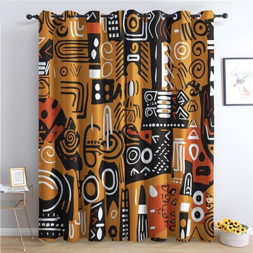 Vorhänge Afrikanische, Verdunkelungsvorhang 2er Set - Vorhang Blickdicht Ethno Vintage Muster, Thermovorhang für Deko Wohnzimmer Schlafzimmer Kinderzimmer, Gardinen mit Ösen 220x140 cm (HxB) (Q4-&6)