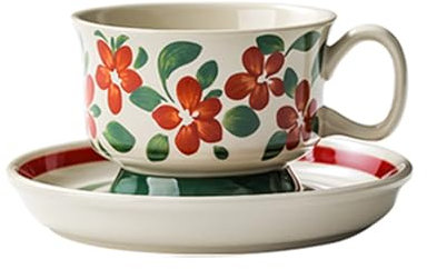 Soulnioi Ceramic Coffee Mug, Retro Cappuccino Cup and Saucer Set, 220ML Handpainting Floral Tea Cup Milk Cup for Gift - Red & Green