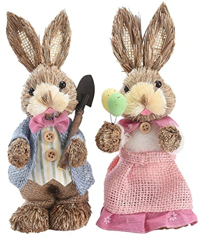 KWQBHW Juego de 2 Figuras de Conejos de Paja de Pascua, Conejos de Pascua de Pie, Pareja de Mesa, Estatua de Conejos de Paja para Primavera, Hogar, Mesa, Oficina, Cocina, Decoración de Granja(#1)