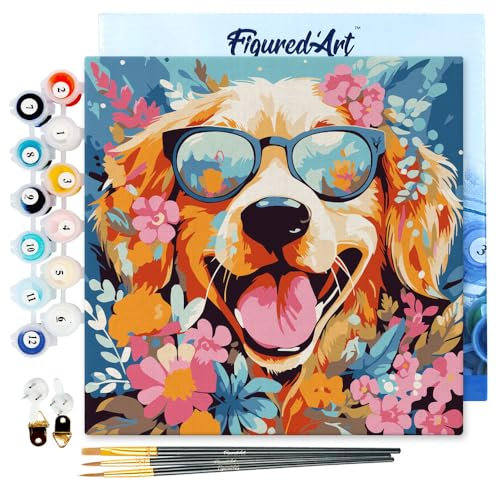 Figured'Art Mini Peinture par Numéro Adulte 20x20cm avec cadre Chiot fantaisie et des fleurs - Petit Format Kit de Loisir Créatif DIY Numéro d'Art Complet