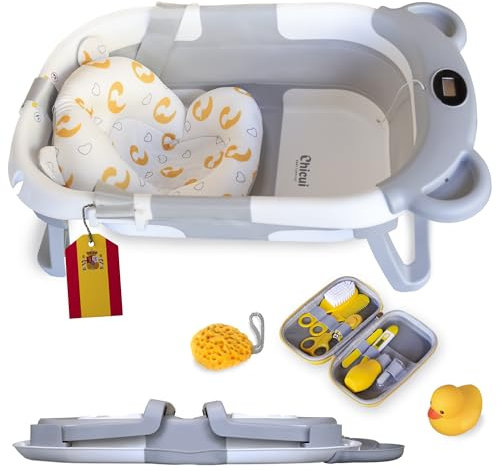 Chicui - Bañera Plegable y Portátil para Bebé Recién Nacido con Soporte y Asiento Antideslizante Incluye Kit de Aseo, Patito y Esponja - Ideal para Viajes y Hogar, Compatible con Cambiador Bebé Mueble