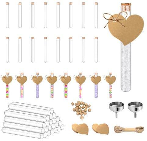 24 Stück Reagenzglas mit Korken, 12*75mm Transparent Reagenzgläser Kunststoff mit 50 Stück Kraftpapieranhänger+ Hanfseil+2 Stück Trichter, Reagenzgläser für Dekorationen DIY Liquids Spices Hochzeiten