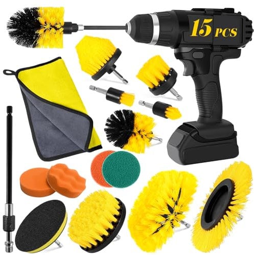 BUOAZR Brosse Perceuse, 15 Pcs Brosse de Nettoyage pour Perceuse Électrique Kit, Brosse de Nettoyage de Roue, Brosse de Visseuse Convient pour Cuisine, Voiture, Salle de Bains, Tapis