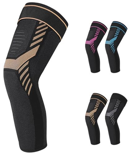Bcautay Ginocchiere lunghe compresse con fascia regolabile in velcro, ginocchiera per uomo e donna, per sollevamento pesi, basket, menisco, artrite (oro, L)