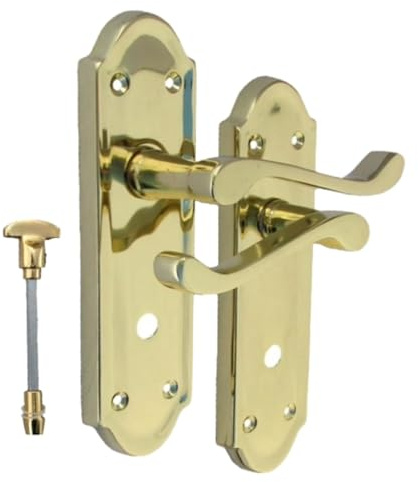 Epsom Door Handle Victorian Style Electro Brass Bathroom Lever Set – Backplate Design – Includes Privacy Sash Mechanism – 1 Pair