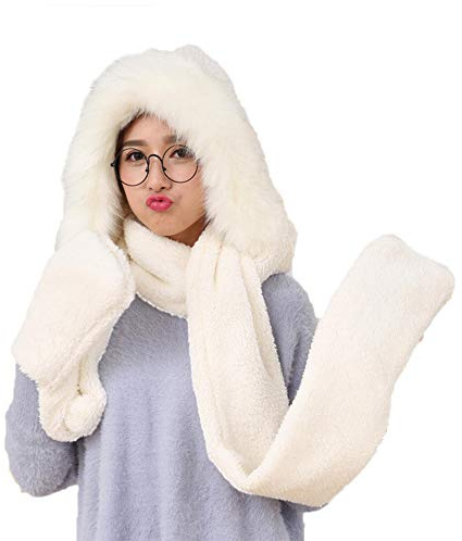 3-in-1 Damen Kapuzenschal mit Fäustlingen, Neckwarmer Hoodie Tasche,Winter Super Weichem Plüsch Volle Haube Warm Thermal Fleece Hüte mit Ohren, Tasche, Schal