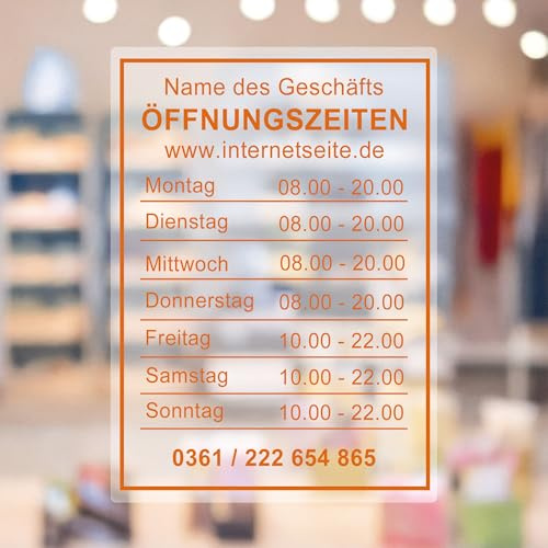 KIWISTAR - Öffnungszeiten - 420x297mm - Orange - personalisiert - Fensterfolie - Wunschtext - Schaufensterbeschriftung - Aufkleber - Milchglas - blickdicht - Glasdekorfolie - innenklebend