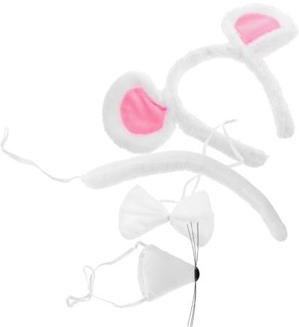 Set D’accessoires de Costume Souris Blanche, Oreilles Souris en Peluche | Serre-tête Réglable, Nœud Assorti et Queue Longue, pour Anniversaires et Halloween