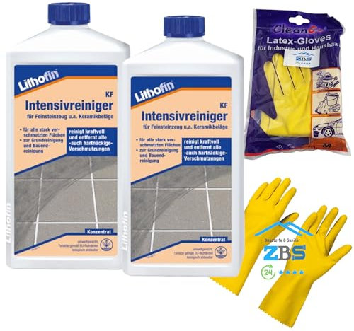 zbs24 Lithofin KF Intensivreiniger, Grundreiniger und regelmäßiger Unterhaltsreiniger, stark beanspruchter Flächen aus keramischen Fliesen und Feinsteinzeug, inkl. Latex Handschuhe Gr. 8 (2 Liter)