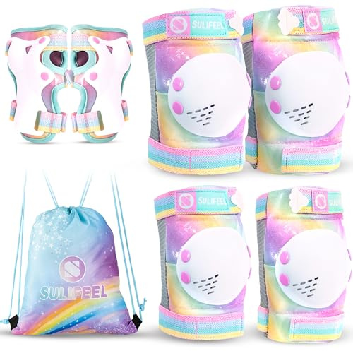 SULIFEEL Rainbow Unicorn Kids Protective Gear Set for Girls Boys | Shiny Knee Elbow Wrist Pads, Adjustable, Comes with Drawstring Storage Bag