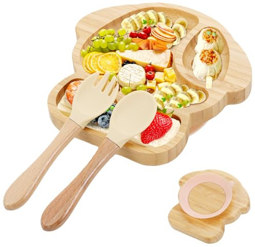 Huiguli Assiettes en Bambou pour Enfants, Antidérapant Plateau avec Ventouse et Cuillère Fourchette, Set Assiette pour Bébés 6 Mois, Forme de Chiot