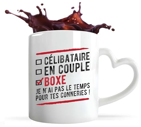 Tasse Cœur Tasse Coeur Célibataire, En Couple, Boxe | Mug avec anse en forme de Coeur | Idée Cadeau Coup Ring Sport Humour Original Anniversaire