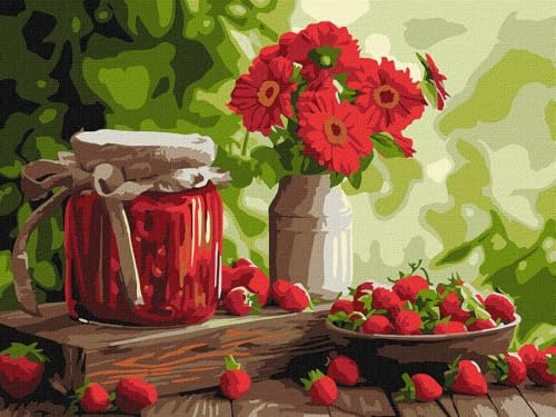 IDEYKA Erdbeerkonfitüre ©art_selena_ua Malen nach Zahlen für Erwachsene, einfaches Acryl-Malen nach Zahlen für Erwachsene, mit rahmen,DIY als Geschenk, 30x40cm