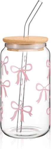 APOMOONS Bicchiere in vetro con coperchio e cannuccia, elegante Bow Cup per tè a bolle, caffè o cocktail, bicchiere versatile ed elegante