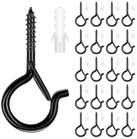 LBJFYHJN Lot de 20 crochets à visser en acier inoxydable avec vis de sécurité - Noir - Crochets à visser - Pour paniers de plantes, nichoirs à oiseaux, carillons lumineux